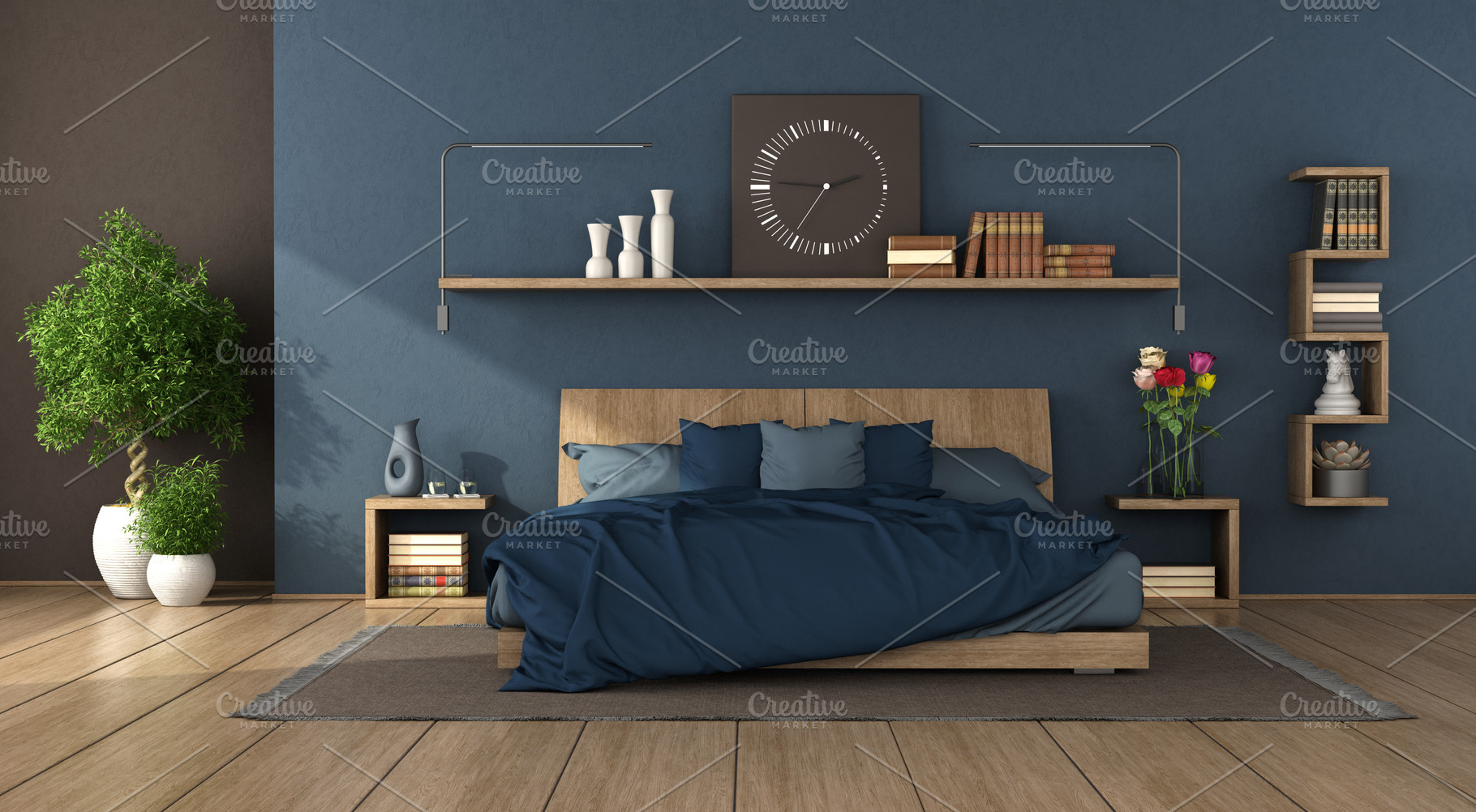 Blue modern bedroom with wooden double bed, an Architecture Photo by Archideaphoto