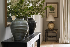 Ceramic vases with flowering branches on a console table, reflec, a Photo by Studio ANNA