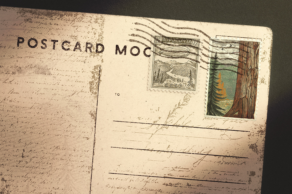 Vintage Postcard with Postage Stamps, an Advertising Mockup by Custom Scene (Photo 4 of 11)