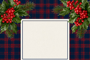 Christmas plaid background with holly, pine branches, and blank, an Illustration by Studio ANNA