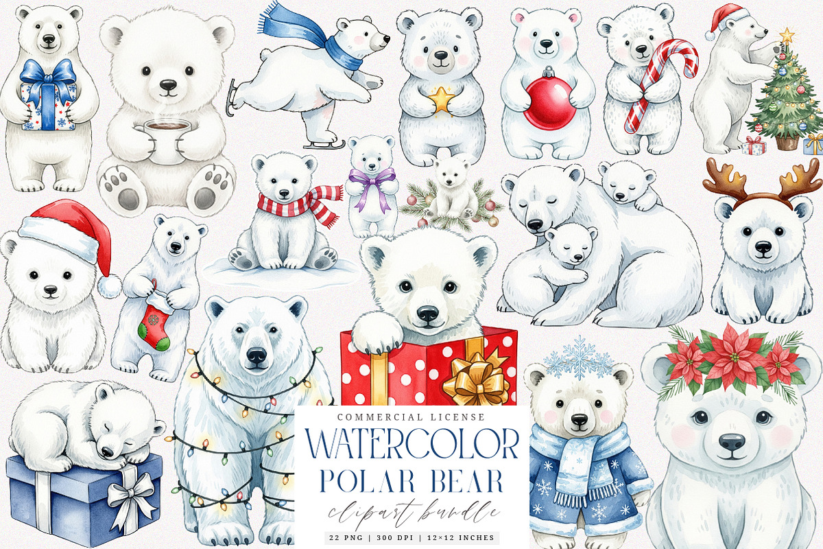Watercolor Polar Bear Christmas PNG, an Illustration by SinaCreation (Photo 1 of 7)