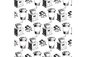 Coffee Production Hand Drawn Seamless Pattern Background Vintage Drawing Drink Retro Cafe Sketch Dessert Vector Illustration.