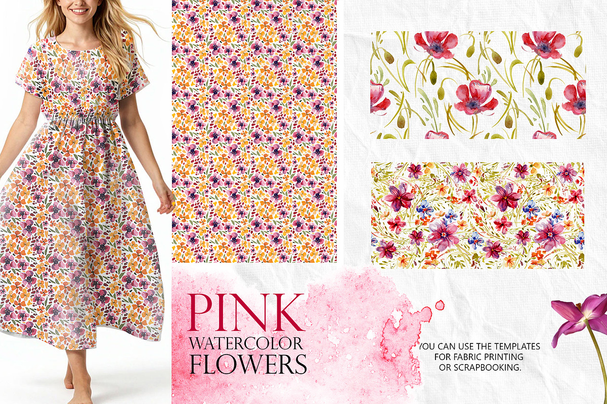 Watercolor clip art set Pink Flowers, a Decorative Illustration by RushkinaAntonina (Photo 5 of 7)