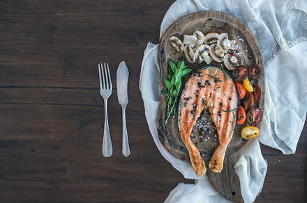 Grilled salmon steak with mushrooms stock photo containing food and grilled, a Food & Drink Photo by Foxys