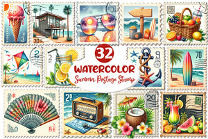 Summer Beach Postage Stamp Clipart, an Illustration by Dream Creation