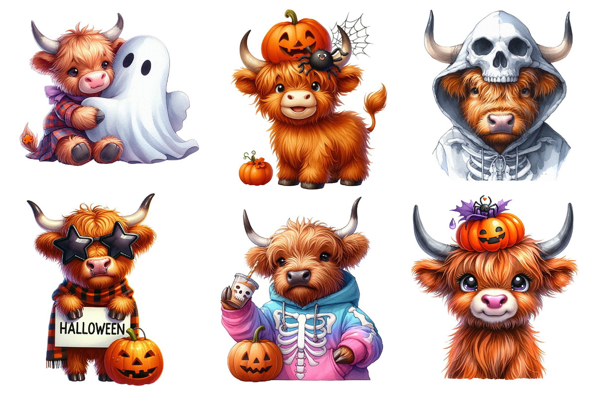 Cute Halloween Highland Cow Clipart, an Illustration by Dream Creation (Photo 2 of 6)