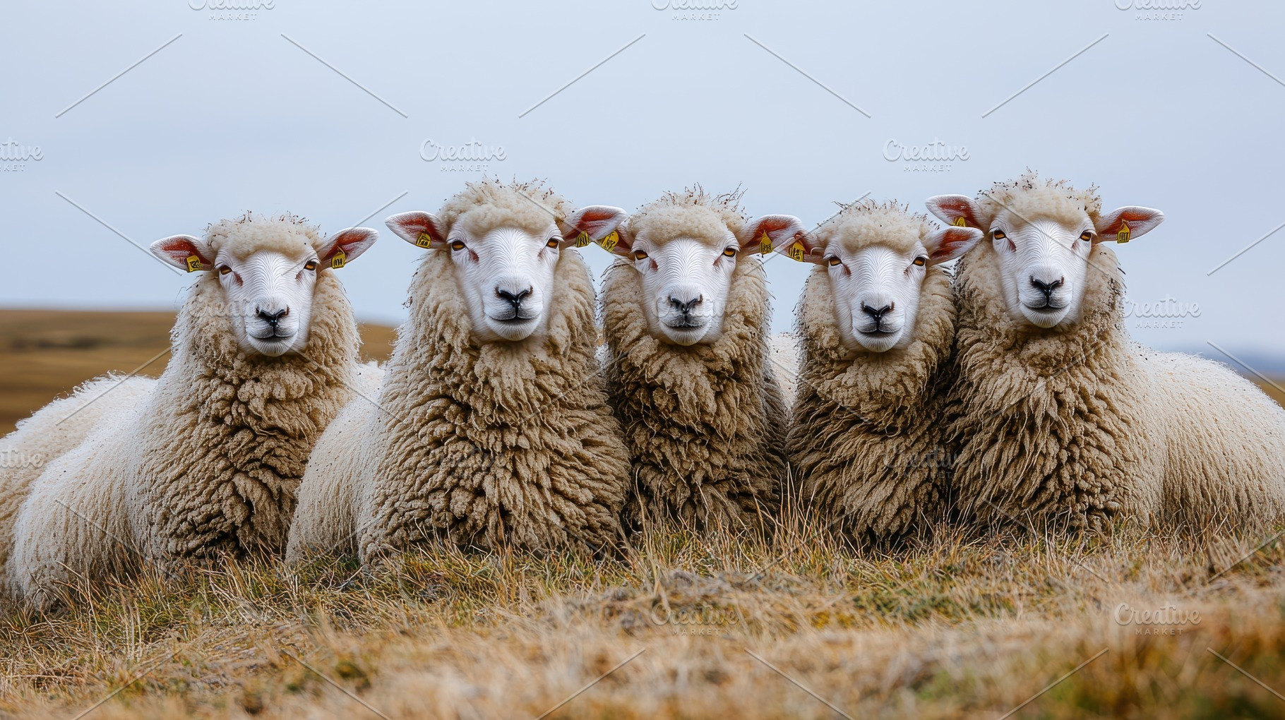 A cozy group of five sheep with thic, an Animal Photo by Pixeness Studio