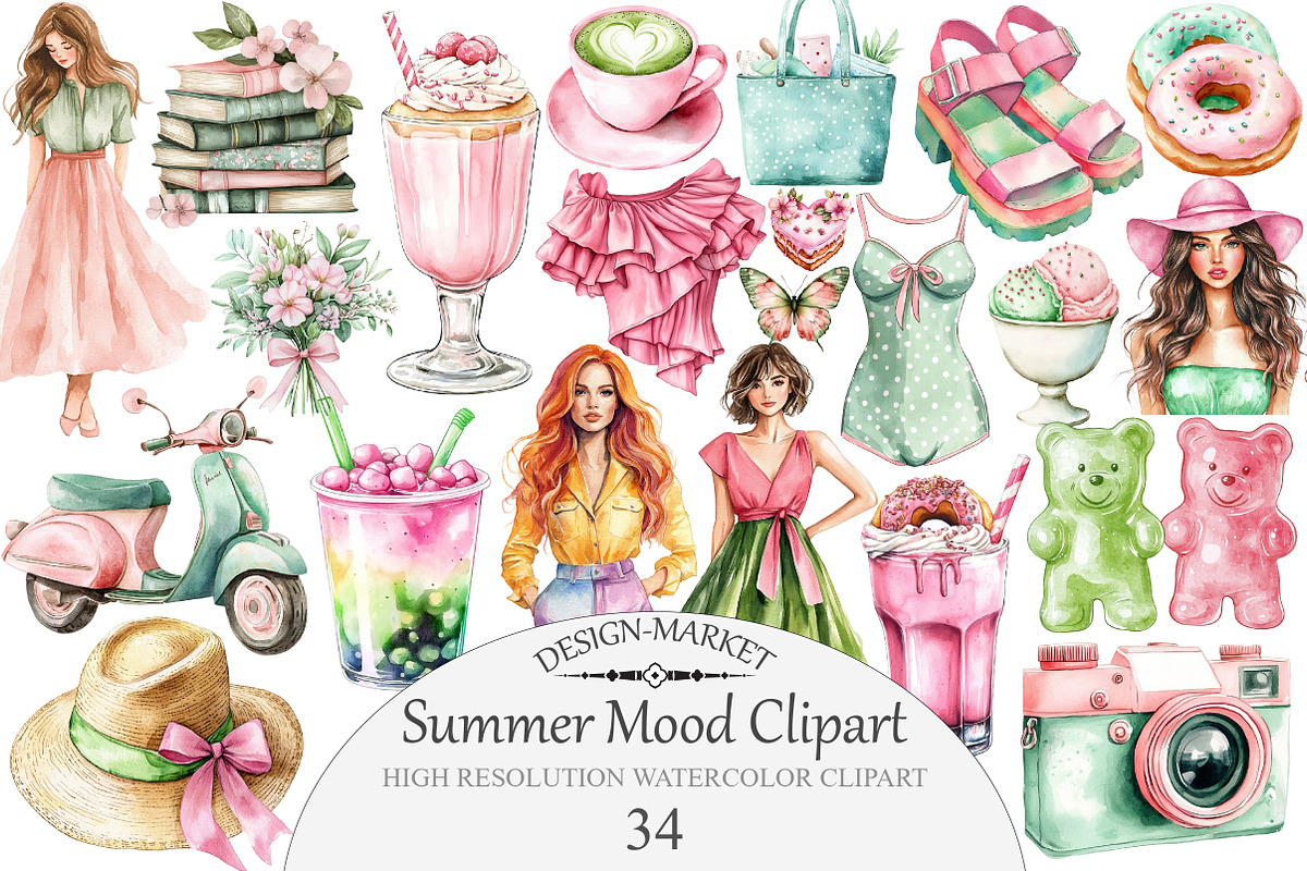 Watercolor Summer Mood Clipart, an Illustration by Design Market (Photo 1 of 4)