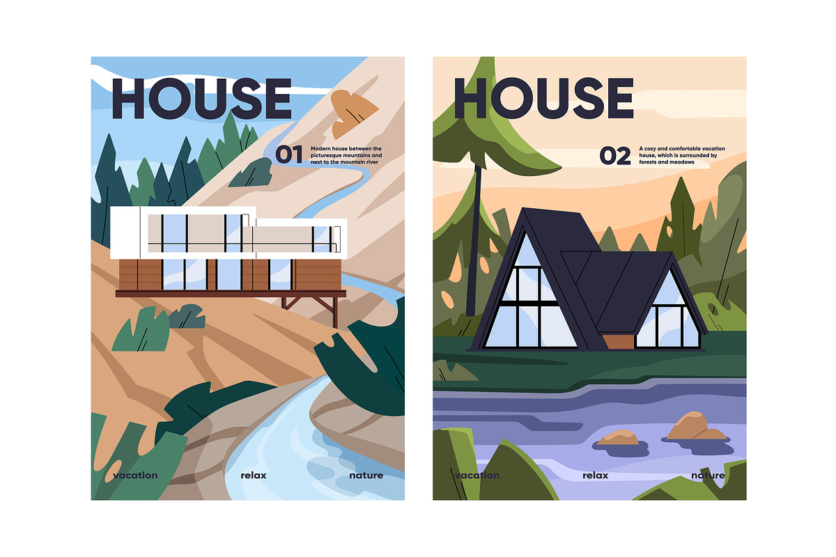 Modern house architecture poster set, an Object Illustration by PaperTrident (Photo 2 of 3)