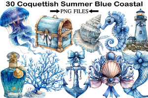 Coquettish Summer Blue Coastal Clipa, an Illustration by Black Bird Studio