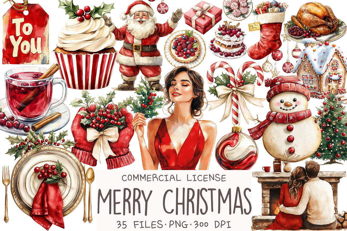 Watercolor Merry Christmas Clipart, an Illustration by OK Design (Photo 1 of 5)