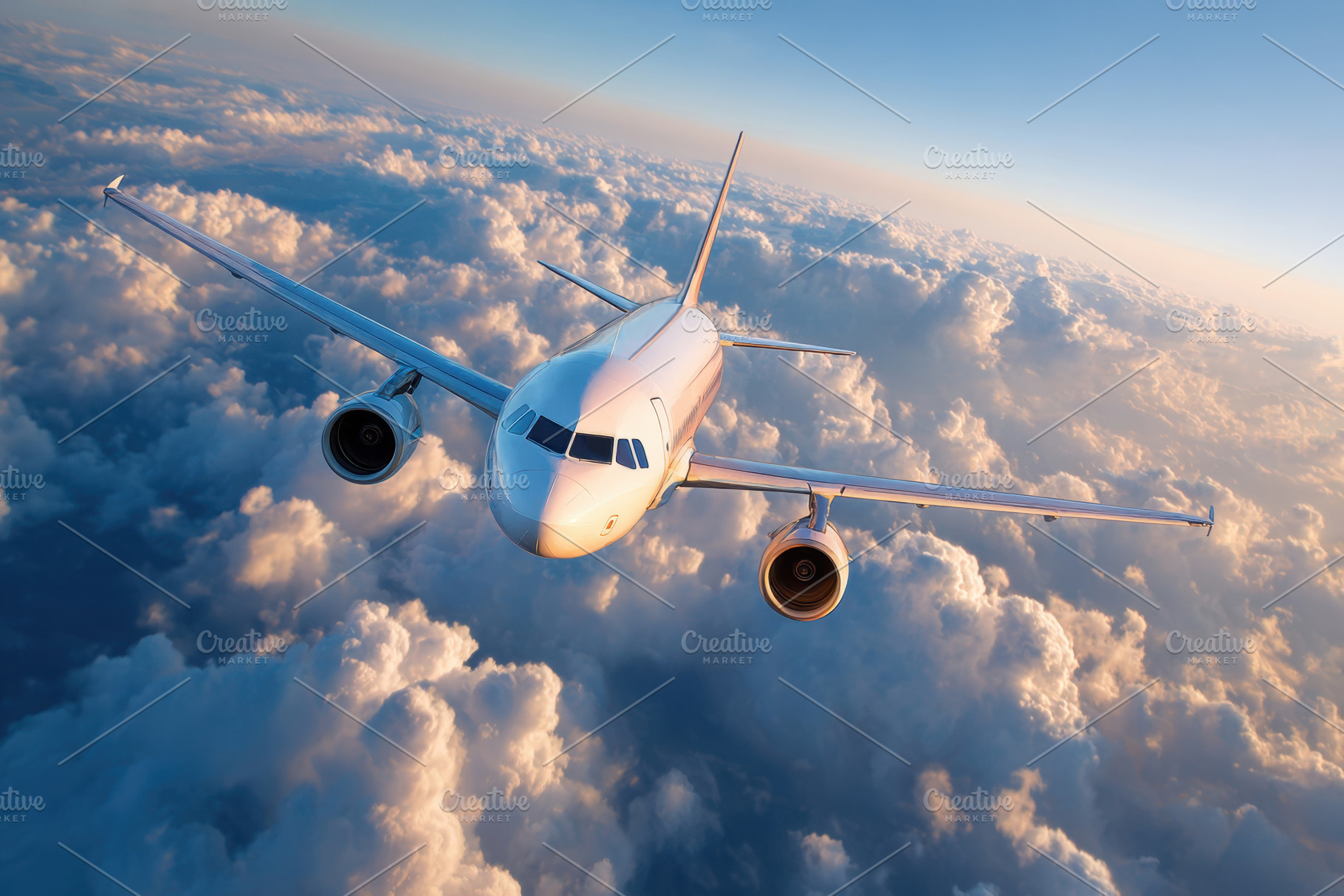 Modern airplane in flight above the clouds, a Transportation Photo by AlyaAnd
