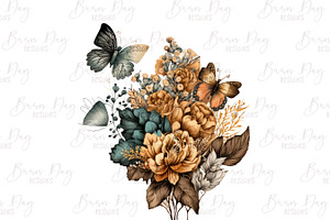 Golden Flowers And Butterfly Clipart