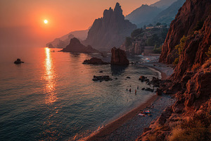 Sunset over rocky coast beach swimme, a Photo by Pixeness Studio
