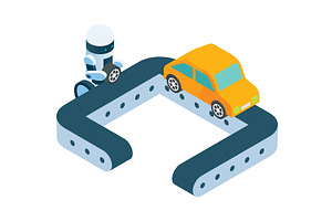 Robot working at conveyor making car, an Illustration by SiberianArt