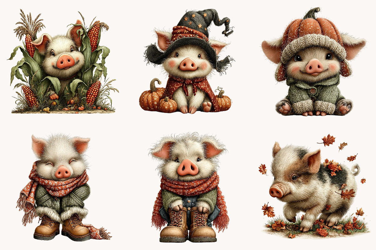 Whimsical Autumn pig Clipart, a Seasonal Illustration by Designworld (Photo 4 of 9)