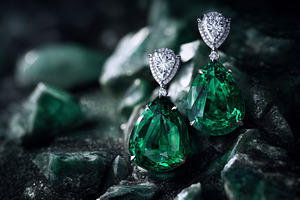 Emerald pear cut earrings with pave set diamonds, shining bright, a Photo by Studio ANNA