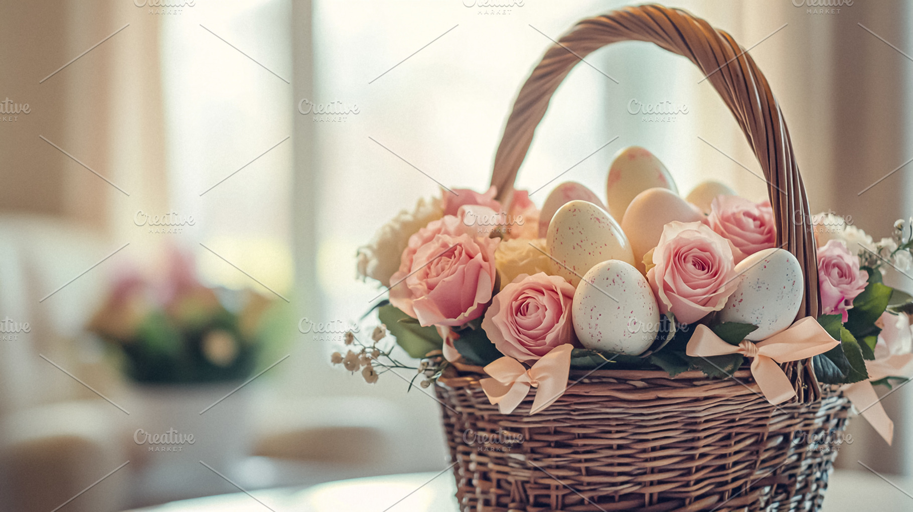 Charming English Easter decor with pastel florals, painted eggs,, a Holiday Photo by Studio ANNA