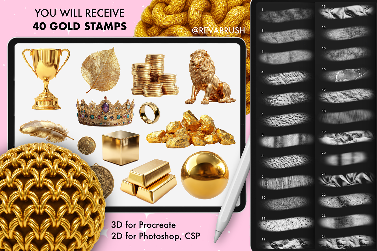245 Procreate Gold texture brushes, a Brush Add-On by Revabrush (Photo 3 of 8)