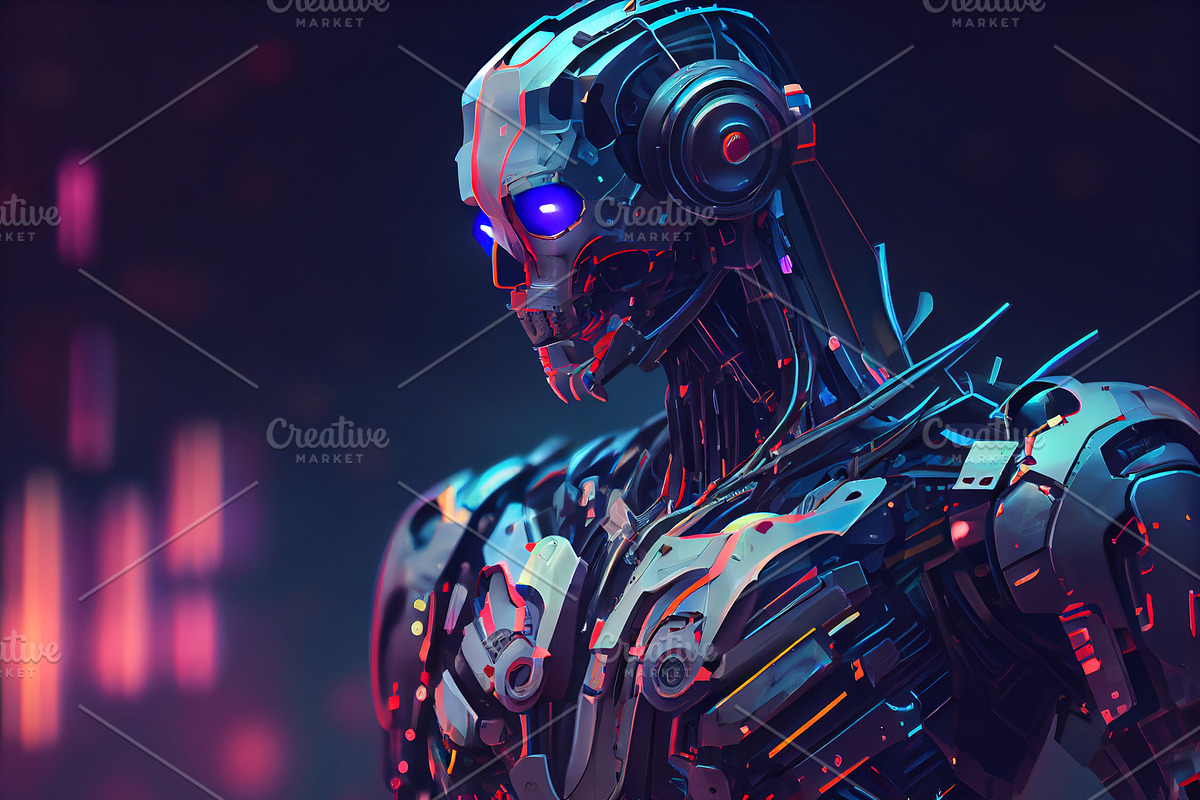 bright colorful cyborg, a Technology Illustration by Olyryk & Aglo