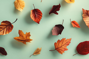 Vibrant autumn leaves scattered on blue background banner, an Abstract Photo by Natalia Klenova's Shop
