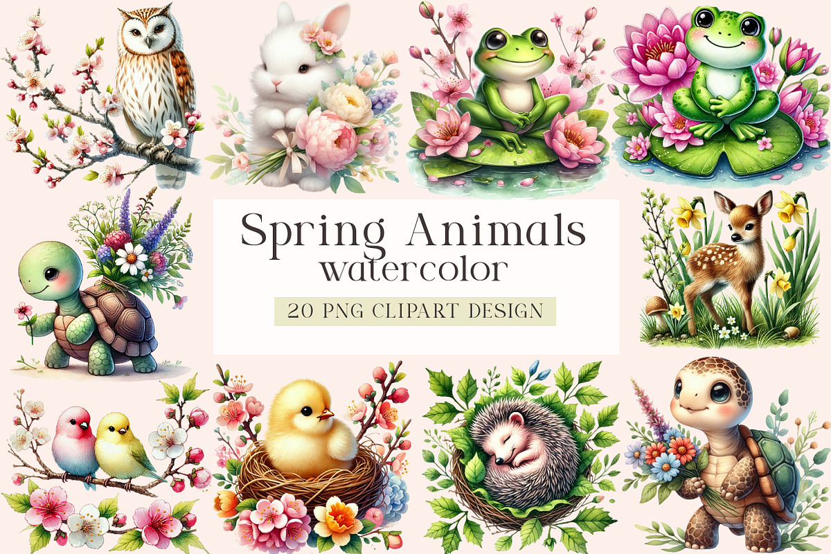 WAtercolor Spring Animals Clipart, a Seasonal Illustration by DreamArtGraphic (Photo 1 of 4)