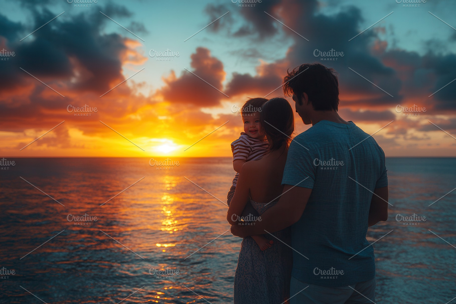 Family enjoying a sunset at the beac, a Photo by Tanuart
