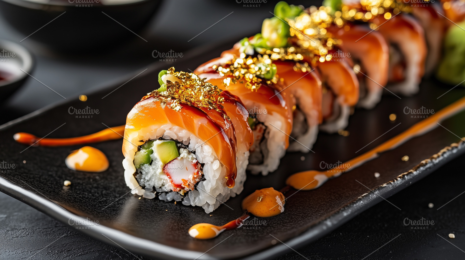 Row of sushi rolls topped with fresh, a Food & Drink Photo by MistyDay