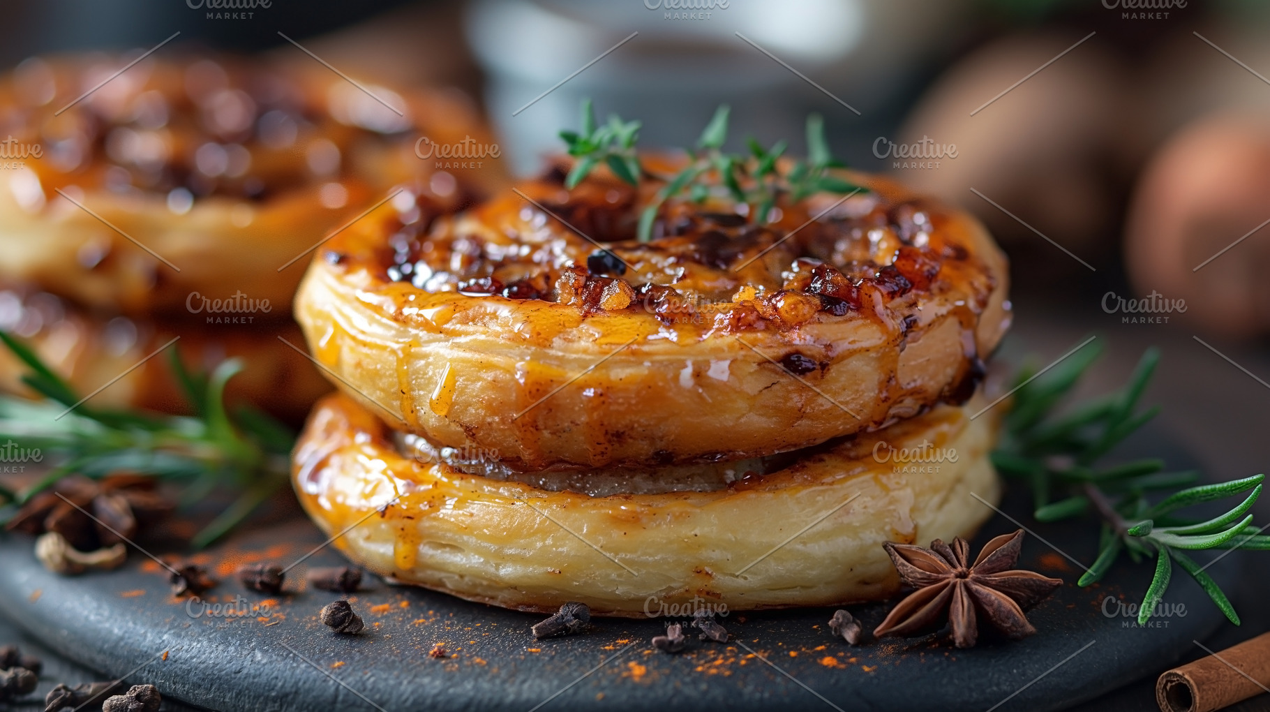 Deliciously baked pastry dessert topped with caramelized nuts an, a Food & Drink Photo by ImageMir