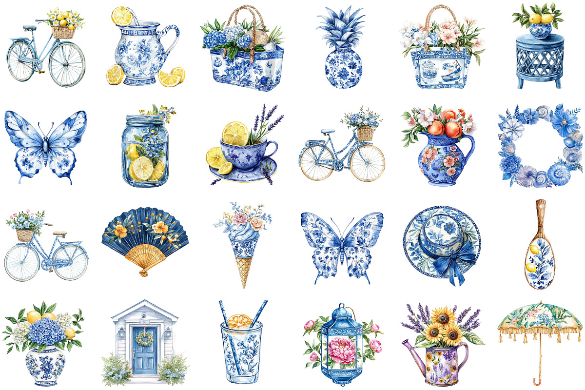 Blue Chinoiserie Summer Clipart PNG, an Illustration by Sublimation Artist (Photo 2 of 6)