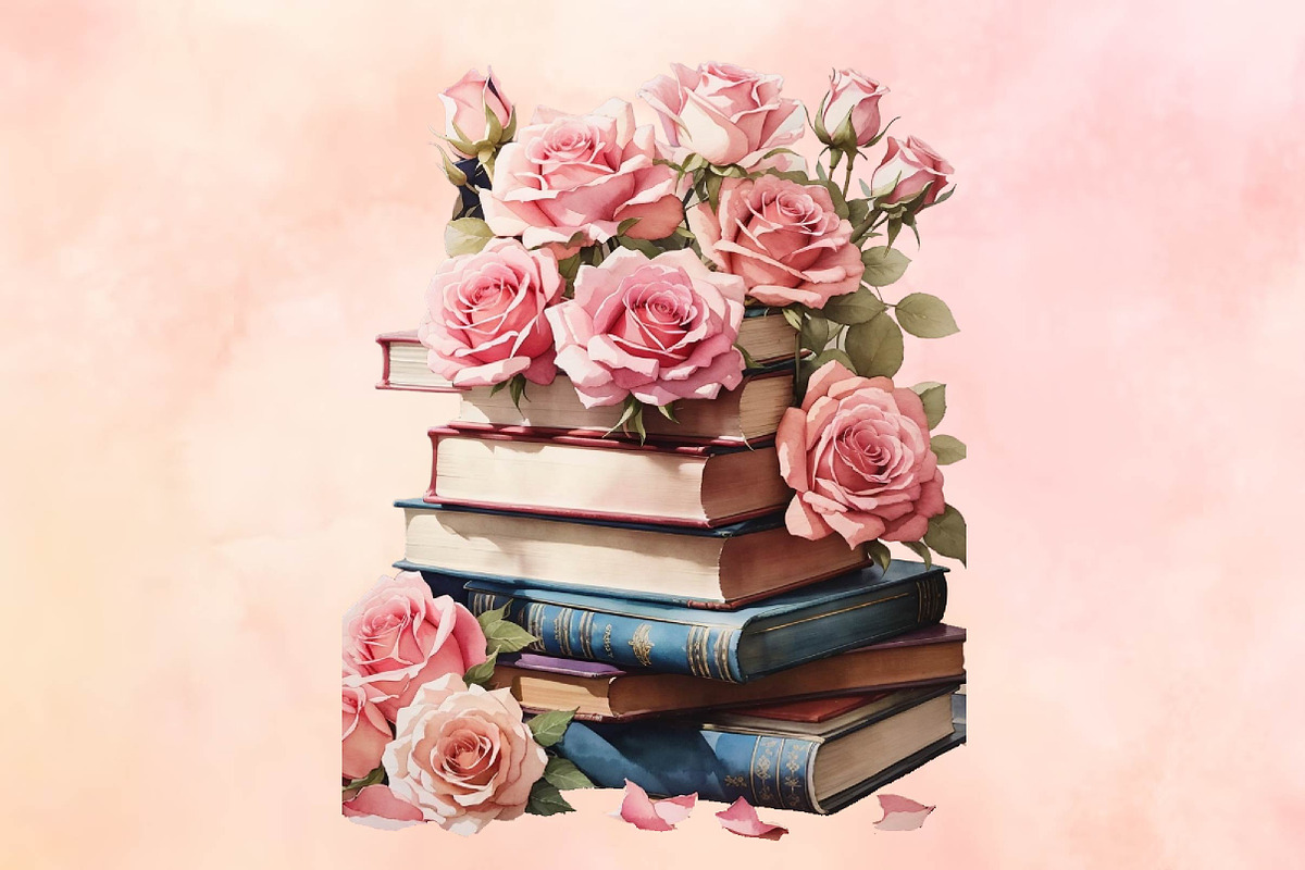 Watercolor Books with pink flower, a Seasonal Illustration by Craft Nest (Photo 4 of 5)