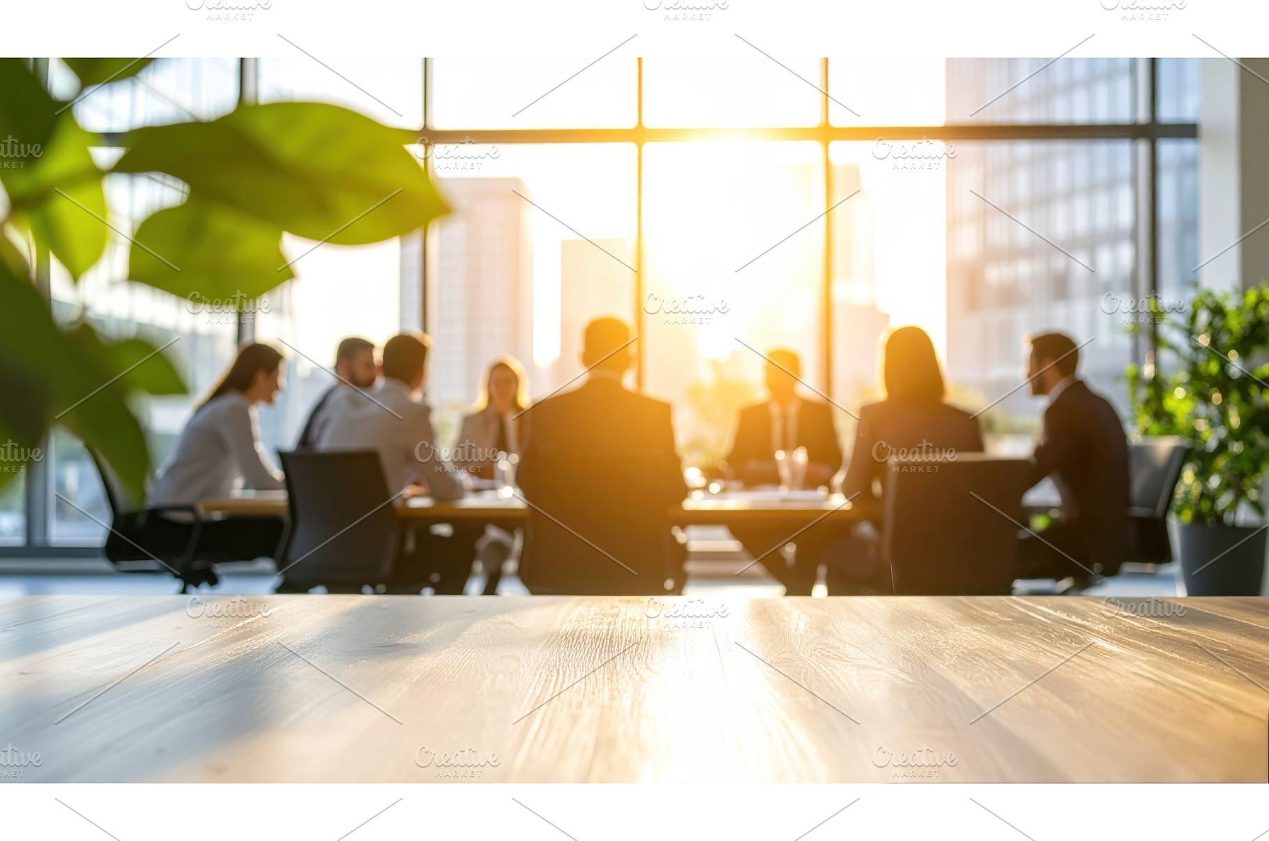 A business team gathers in a sunlit, a Business Photo by Igor Tichonow