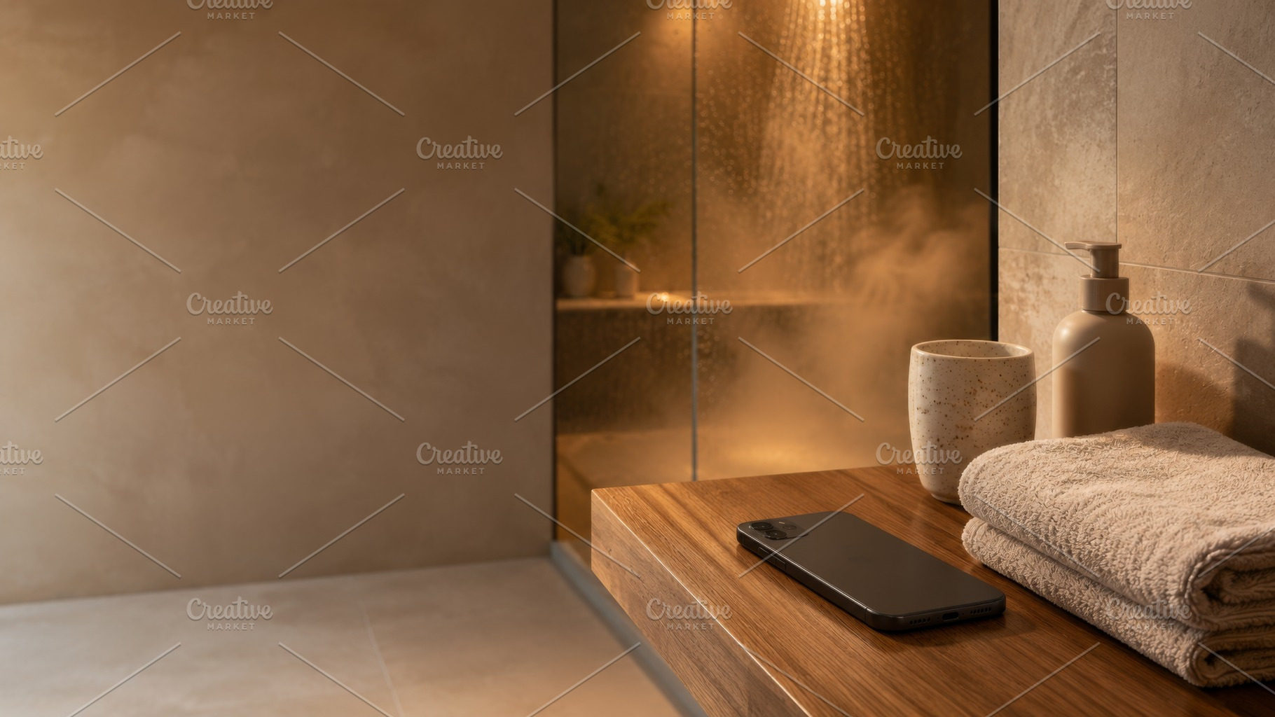 Dark showering concept. Serene modern bathroom with shower steam, a Photo by Dvoevnore photos