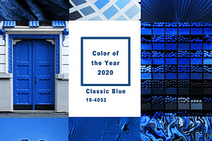 Collage with classic blue color stock photo containing button and blue