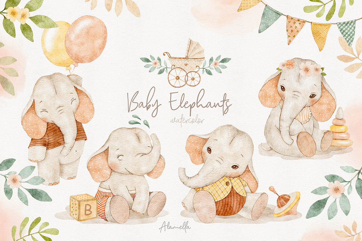 Baby Elephants Animals Watercolor, an Animal Illustration by Alamella (Photo 9 of 9)