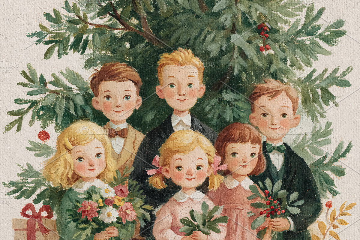 Vintage family portrait painting celebrating Christmas, children, an Illustration by Studio ANNA