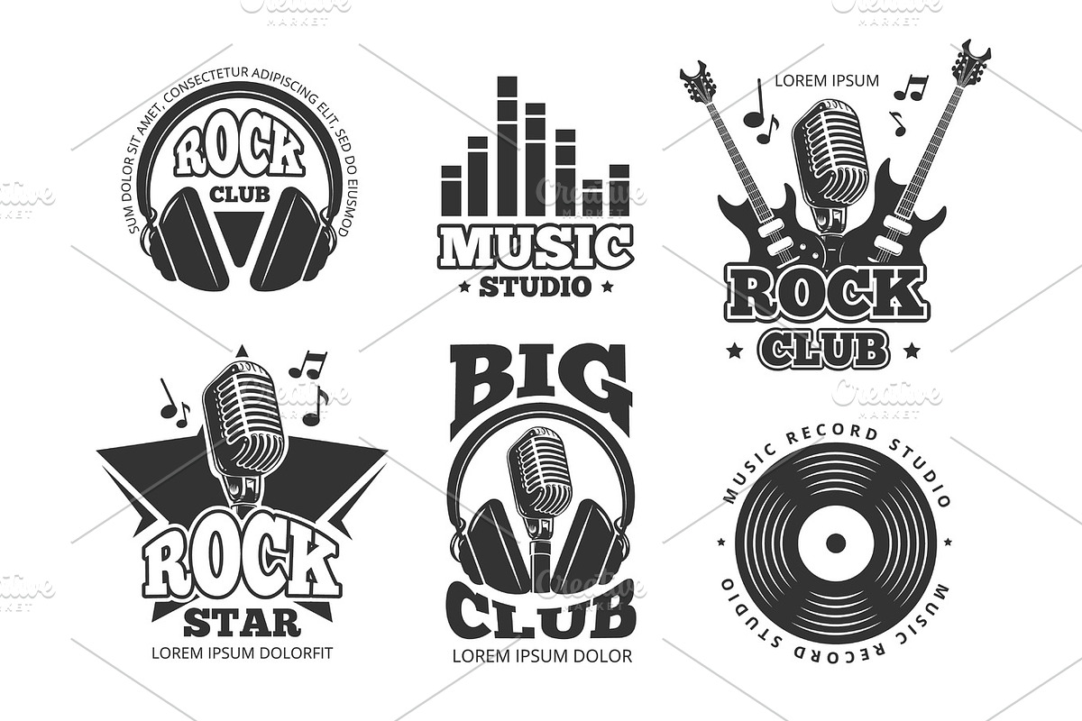 Retro audio record, studio sound vector labels, badges, logos, emblems, an Illustration by Onyx