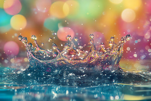 Vibrant Water Splash in Crown Shape with Colorful Bokeh, an Abstract Photo by Natalia Klenova's Shop