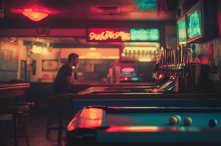 A dive bar with a jukebox playing, a Photo by Pavel_design