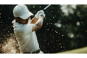 Asian male golfer executing a, a Sports & Recreation Photo by Sergey Kotenev