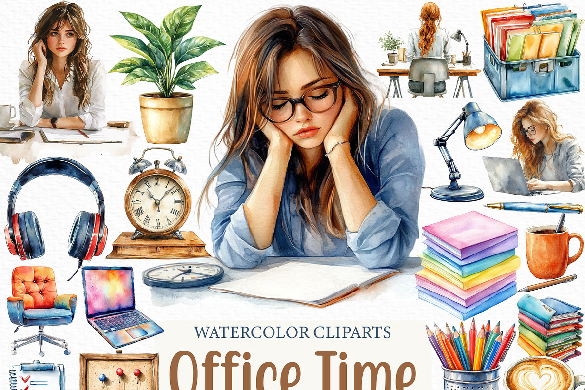 Watercolor Office Time Clipart, an Illustration by Craft Nest (Photo 1 of 6)