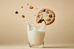Chocolate cookie falling into glass with white milk, a Food & Drink Photo by AlyaAnd