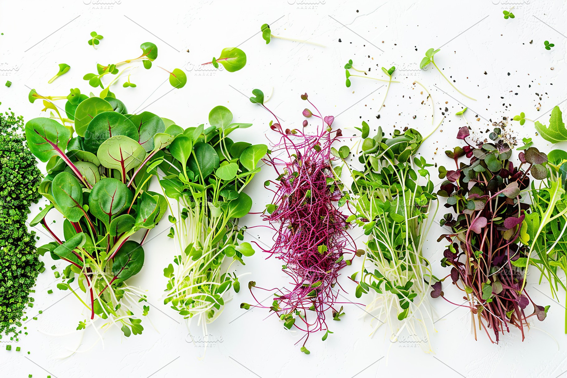 Different fresh microgreens on white background, a Food & Drink Photo by AlyaAnd