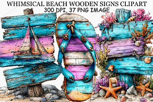 Whimsical Beach Wooden Signs Clipart, an Illustration by Canvas Craft