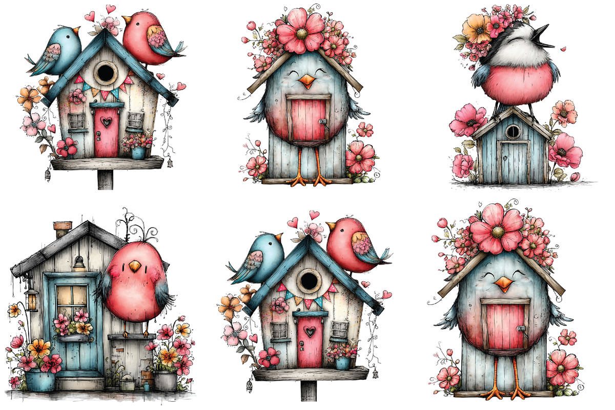 Whimsical Birds with House Clipart, an Illustration by CraftArtStudio (Photo 2 of 6)