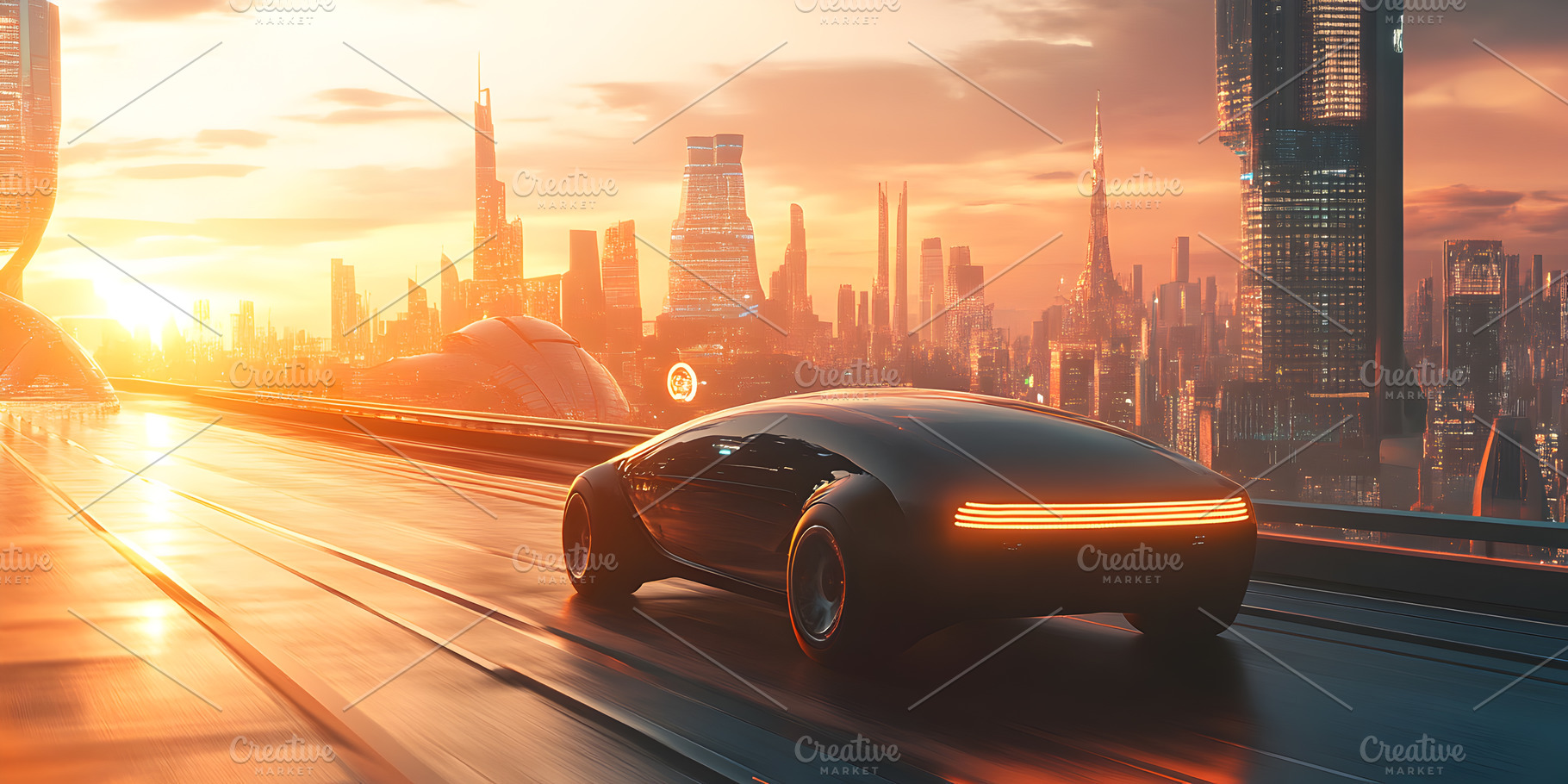 Futuristic car on highway at sunset in sci-fi city, a Technology Photo by Photostock