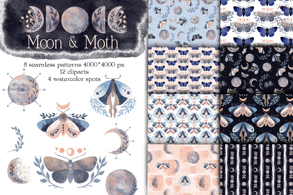 Moon and moth pattern & clipart, a Decorative Illustration by AnaGuziiArt (Photo 1 of 6)