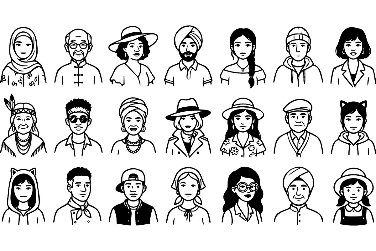 Diverse Character Line Art Set, an Illustration by designvectx (Photo 2 of 3)