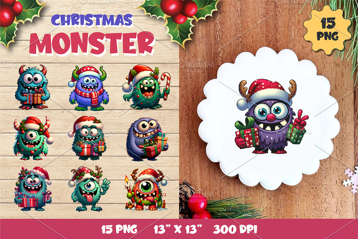 Christmas Monsters. Tshirt, PNG., an Animal Illustration by KENO Mascots (Photo 1 of 8)