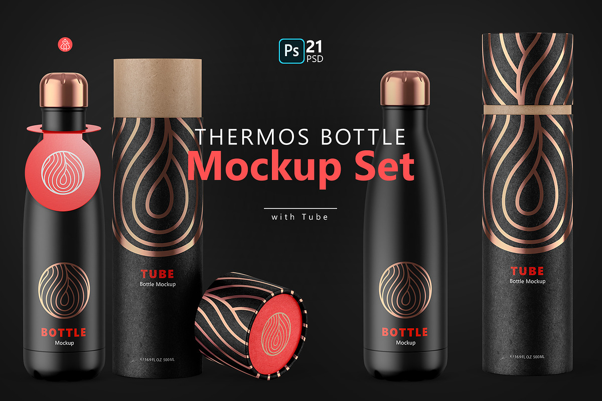 Thermos Bottle with Tube Mockup Set, a Packaging Mockup by HelenStock (Photo 1 of 20)